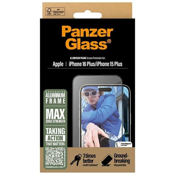PanzerGlass Screen Protector AluminumFrame iPhone 16 Plus / 15 Plus 6.7" Ultra-Wide Fit 2851