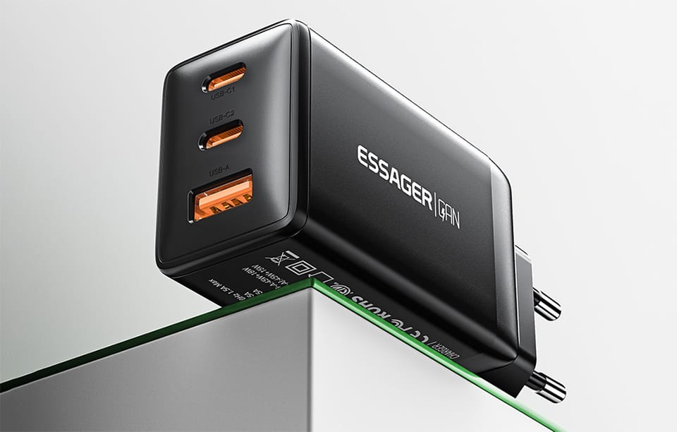 Ładowarka sieciowa, Essager, ECTAC-DYB01-Z, GaN, 2xUSB-C, USB-A, 67W (czarna)