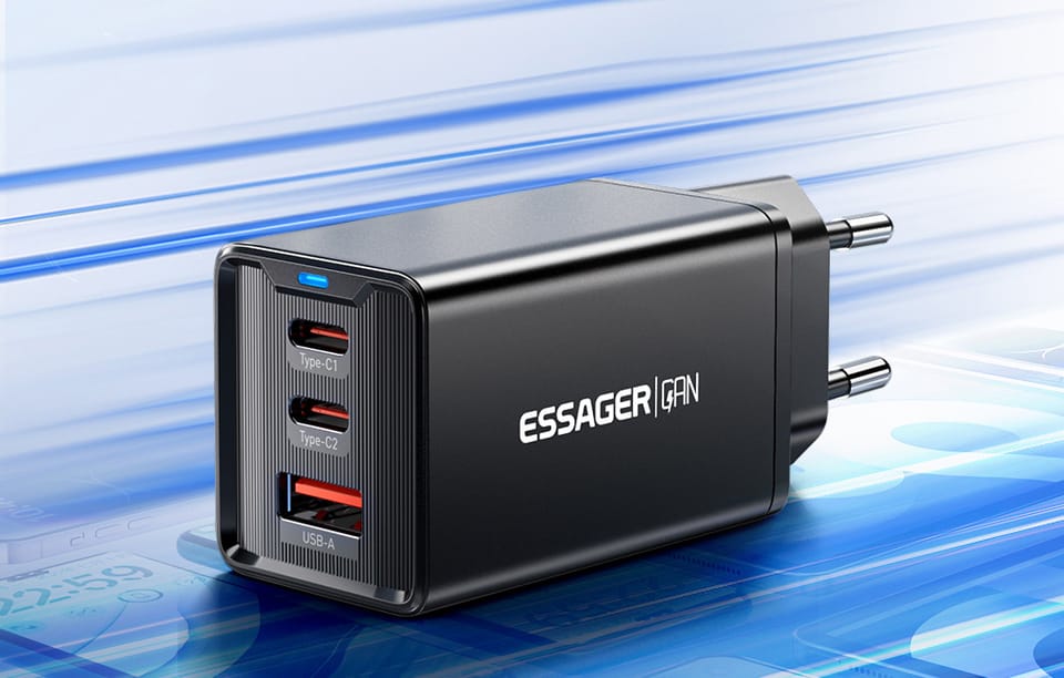 Ładowarka sieciowa, Essager, ECTAC-KSB01-Z, GaN, 2xUSB-C, USB-A, 67W (czarna)