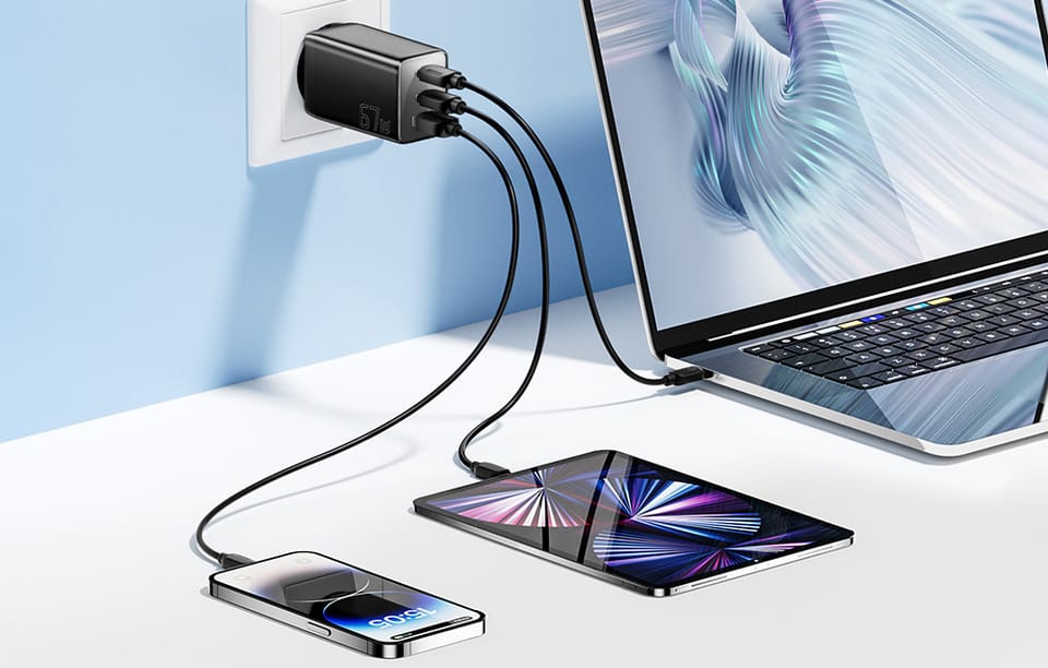 Ładowarka sieciowa, Essager, ECT67W-LJB01-Z, GaN, 2xUSB-C, USB-A, 67W (czarna)