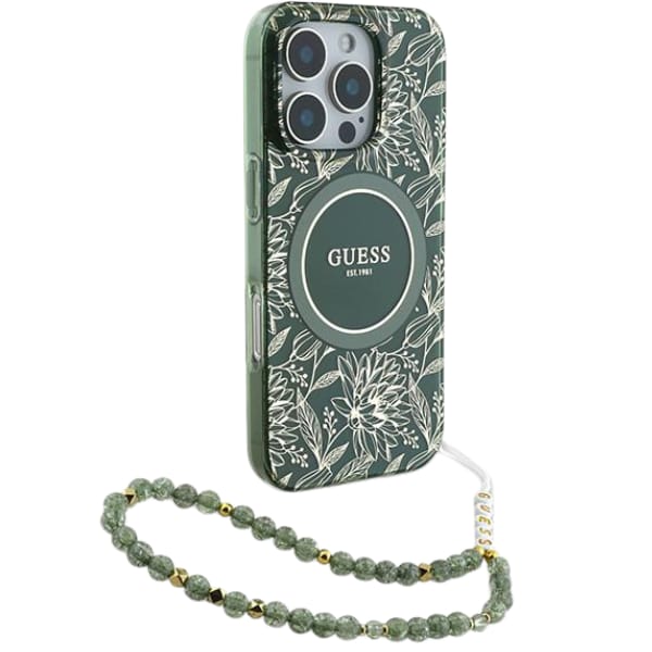 Guess GUHMP16MHCPOFPA iPhone 16 Plus 6.7" zielony/green hardcase IML Flowers Allover Electro With Pearl Strap MagSafe