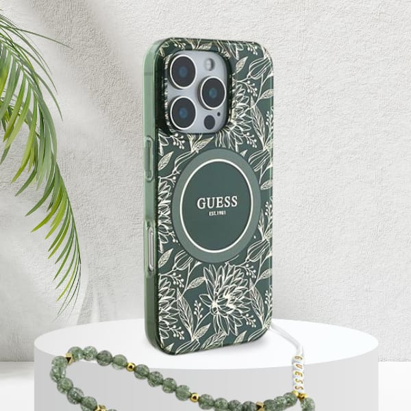 Guess GUHMP16LHCPOFPA iPhone 16 Pro 6.3" zielony/green hardcase IML Flowers Allover Electro With Pearl Strap MagSafe