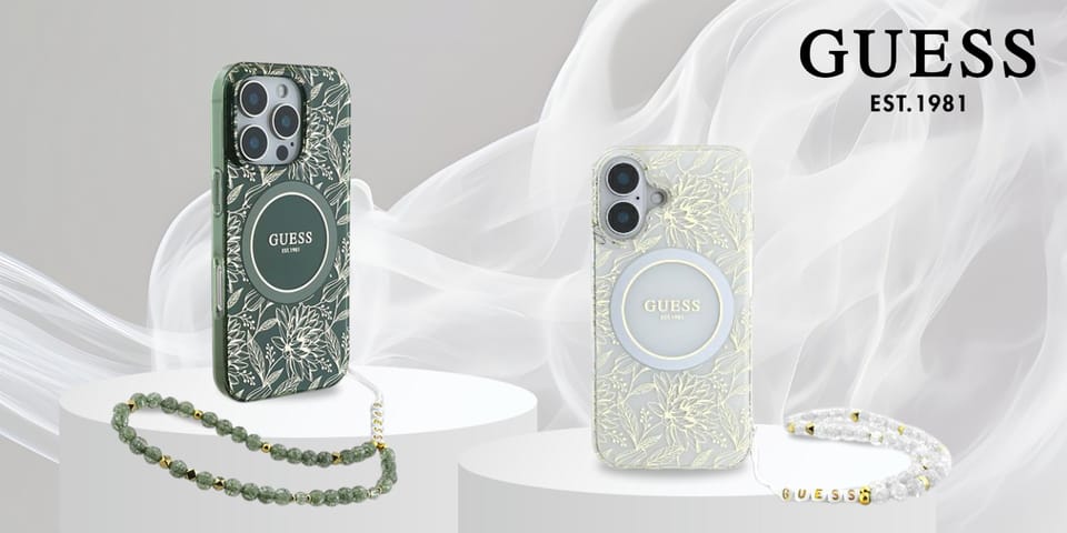 Guess GUHMP16SHCPOFPH iPhone 16 6.1" biały/white hardcase IML Flowers Allover Electro With Pearl Strap MagSafe