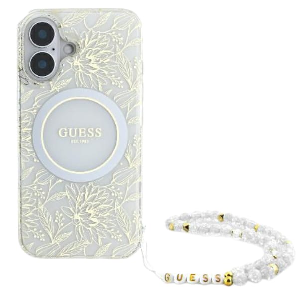 Guess GUHMP16SHCPOFPH iPhone 16 6.1" biały/white hardcase IML Flowers Allover Electro With Pearl Strap MagSafe