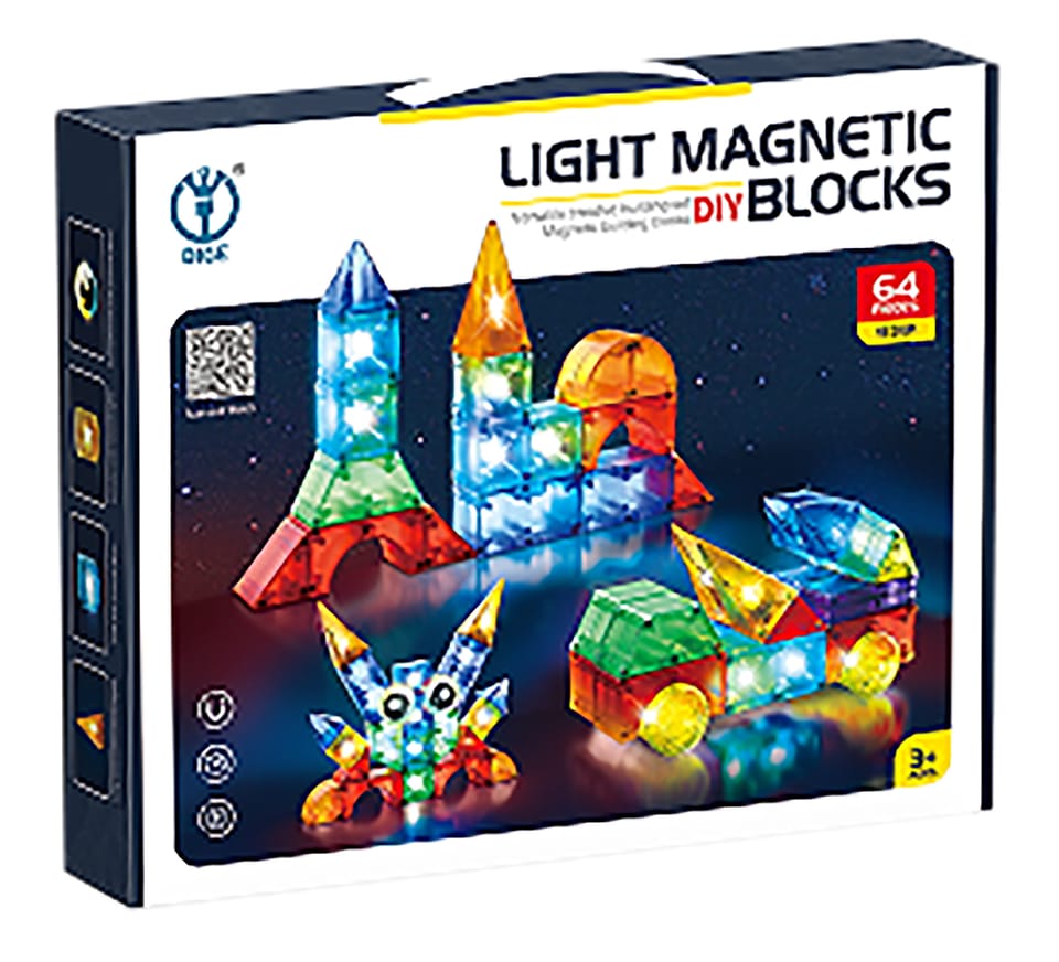 Klocki Magnetyczne, Konstrukcyjne, Świecące Elementy, Figury 3D 64 El.