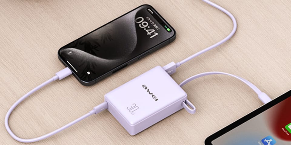 AWEI PowerBank z wbudowanym kablem P87K 10000mAh czarny/black 30W