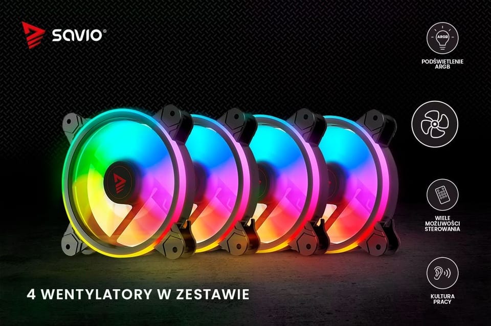 SAVIO ZESTAW 4 WENTYLATORÓW ARGB 120 MM WRAZ Z KONTROLEREM ORAZ PILOTEM FAN-01