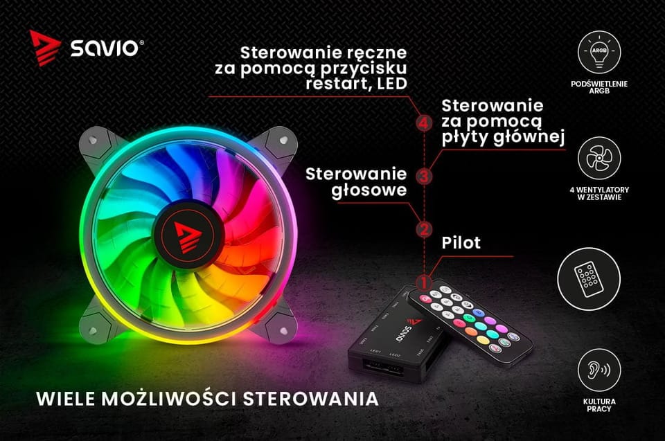 SAVIO ZESTAW 4 WENTYLATORÓW ARGB 120 MM WRAZ Z KONTROLEREM ORAZ PILOTEM FAN-01