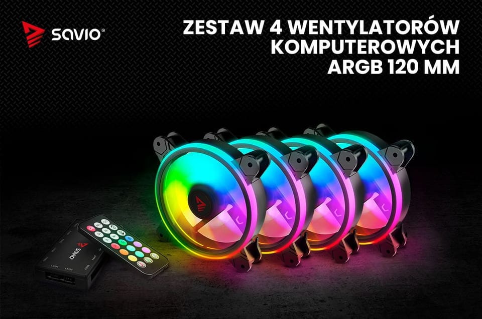 SAVIO ZESTAW 4 WENTYLATORÓW ARGB 120 MM WRAZ Z KONTROLEREM ORAZ PILOTEM FAN-01