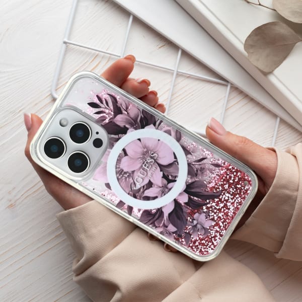 Guess GUHMP16LLFMWTE iPhone 16 Pro6.3" beżowy/beige hardcase Liquid Glitter Flower MagSafe