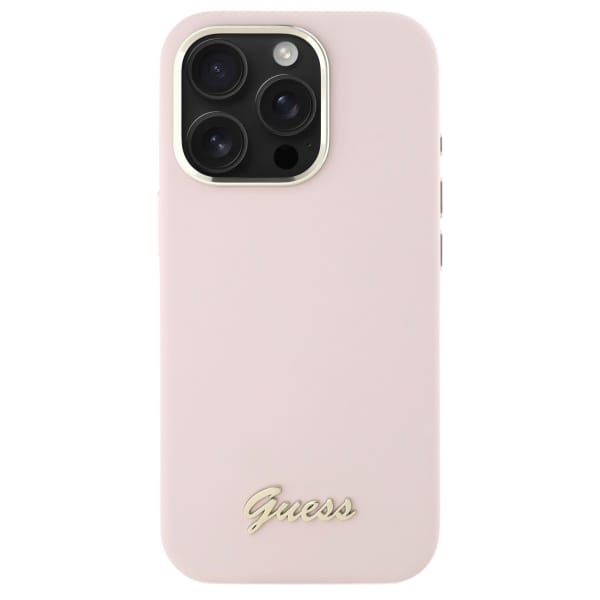 Oryginalne Etui IPHONE 16 PLUS Guess Hardcase Silicone Script Metal Logo & Frame (GUHCP16MSMBSLP) różowe