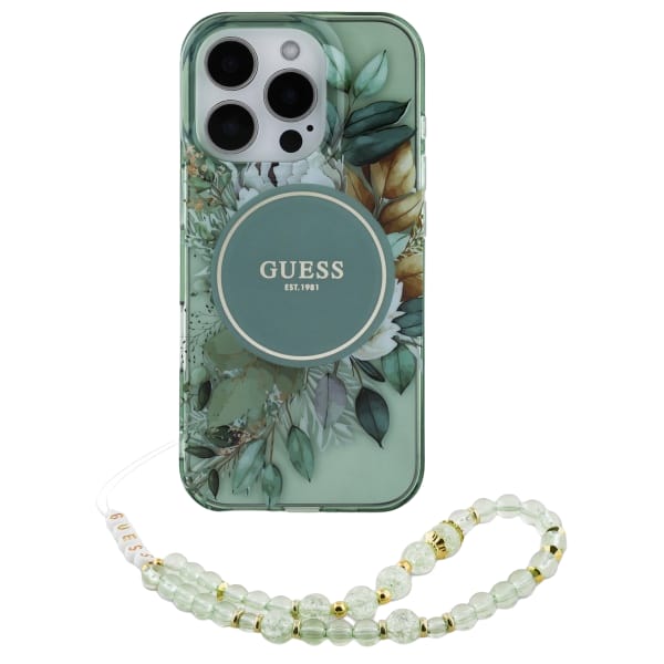 Guess GUHMP16MHFWBRCESN iPhone 16 Plus 6.7" zielony/green hardcase IML Flowers With Pearl Strap MagSafe