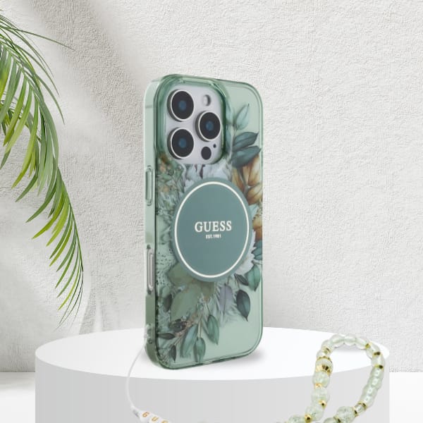 Guess GUHMP16MHFWBRCESN iPhone 16 Plus 6.7" zielony/green hardcase IML Flowers With Pearl Strap MagSafe