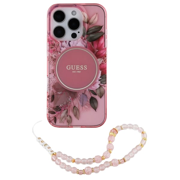 Guess GUHMP16LHFWBRCESP iPhone 16 Pro 6.3" różowy/pink hardcase IML Flowers With Pearl Strap MagSafe