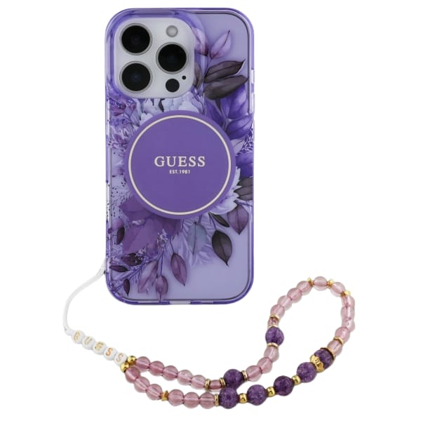 Guess GUHMP16XHFWBRCESU iPhone 16 Pro Max 6.9" fioletowy/purple hardcase IML Flowers With Pearl Strap MagSafe