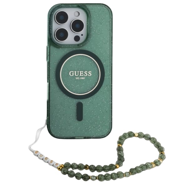 Guess GUHMP16MHGCRELSA iPhone 16 Plus 6.7" zielony/green hardcase IML Glitter With Pearl Strap MagSafe