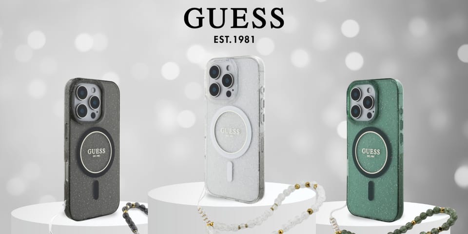 Guess GUHMP16SHGCRELST iPhone 16 6.1" przeźroczysty/transparent hardcase IML Glitter With Pearl Strap MagSafe