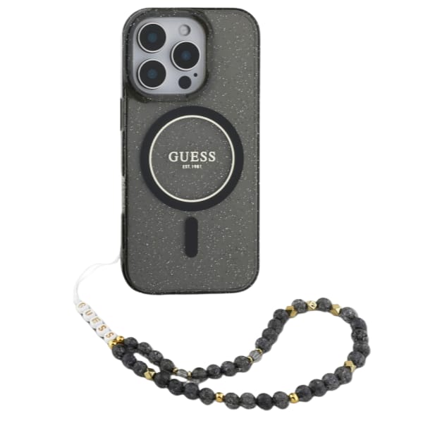 Guess GUHMP16SHGCRELSK iPhone 16 6.1" czarny/czarny hardcase IML Glitter With Pearl Strap MagSafe