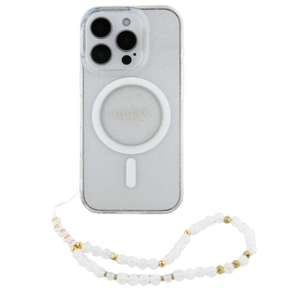 Guess GUHMP16SHGCRELST iPhone 16 6.1" przeźroczysty/transparent hardcase IML Glitter With Pearl Strap MagSafe