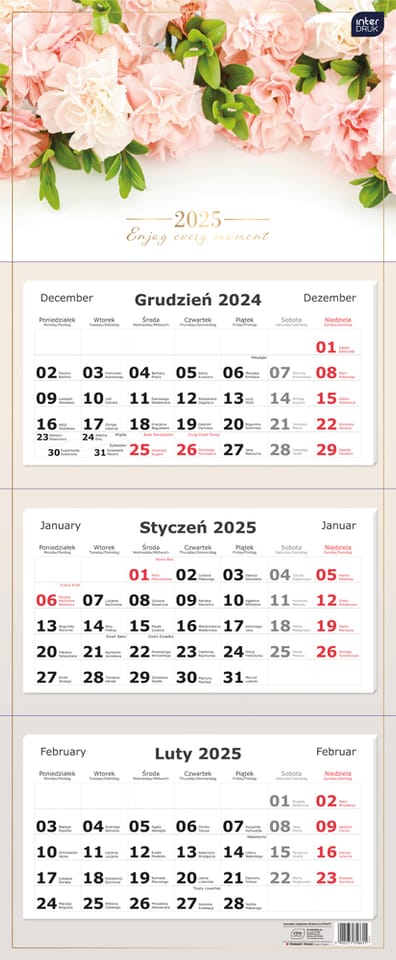 Kalendarz trójdzielny 2025 82,5x34cm Kwiaty INTERDRUK