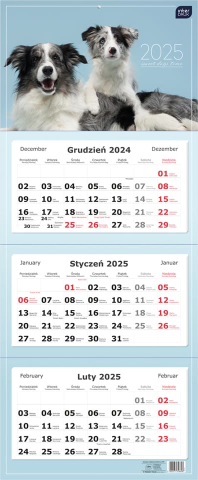 Kalendarz trójdzielny 2025 82,5x34cm Psy INTERDRUK