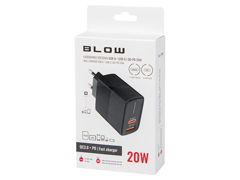 Ładowarka sieciowa gniazdo USB + USB-C QC+PD 20W