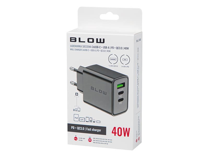 Ładowarka sieciowa Blow gniazdo USB + USB-Cx2 QC+PD 40W