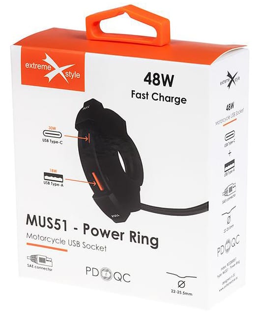 Motocyklowe gniazdo USB QC + Typ-C PD MUS51 Power Ring