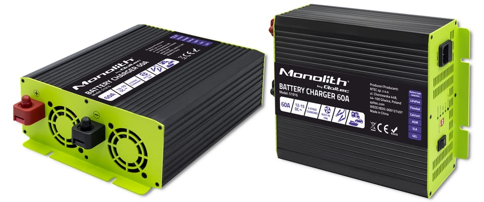 Qoltec Inteligentna profesjonalna ładowarka Monolith do akumulatorów LiFePO4 AGM GEL SLA | 60A | 12V | Szybkie ładowanie