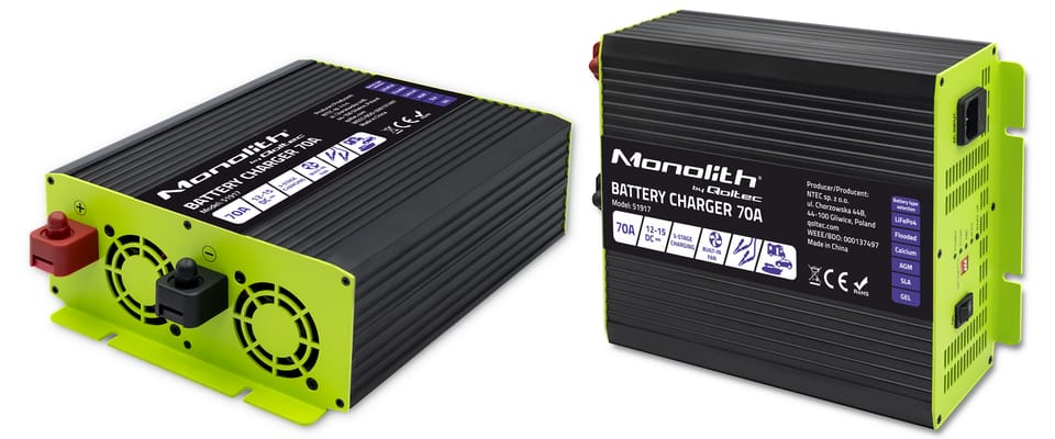 Qoltec Inteligentna profesjonalna ładowarka Monolith do akumulatorów LiFePO4 AGM GEL SLA | 70A | 12V | Szybkie ładowanie