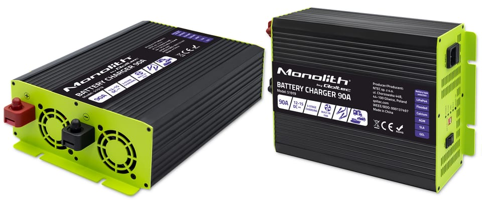 Qoltec Inteligentna profesjonalna ładowarka Monolith do akumulatorów LiFePO4 AGM GEL SLA | 90A | 12V | Szybkie ładowanie