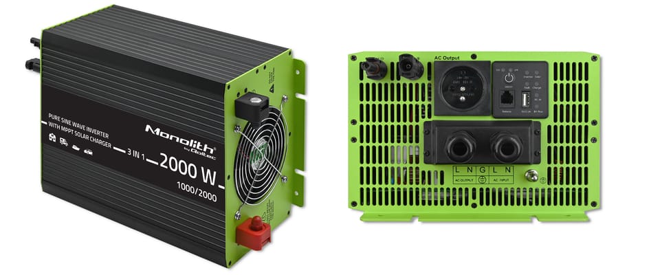 Qoltec Przetwornica solarna Monolith 3w1 z funkcją ładowania AC 10A |  MPPT 40A | UPS | ATS | 1000W | 2000W | 12V na 230V | Czysty Sinus