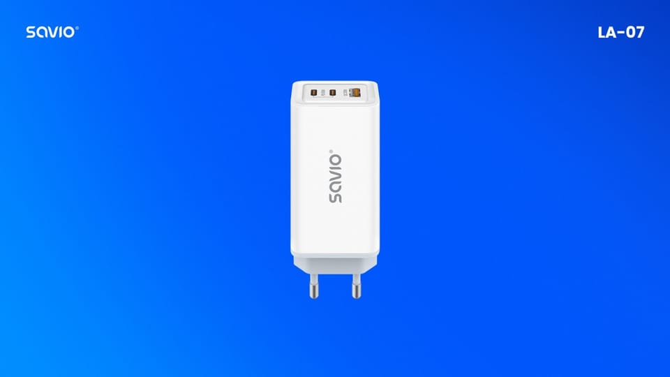 SAVIO LA-07 GaN 65W mains charger, USB, QC4.0+, PD 3.0, White