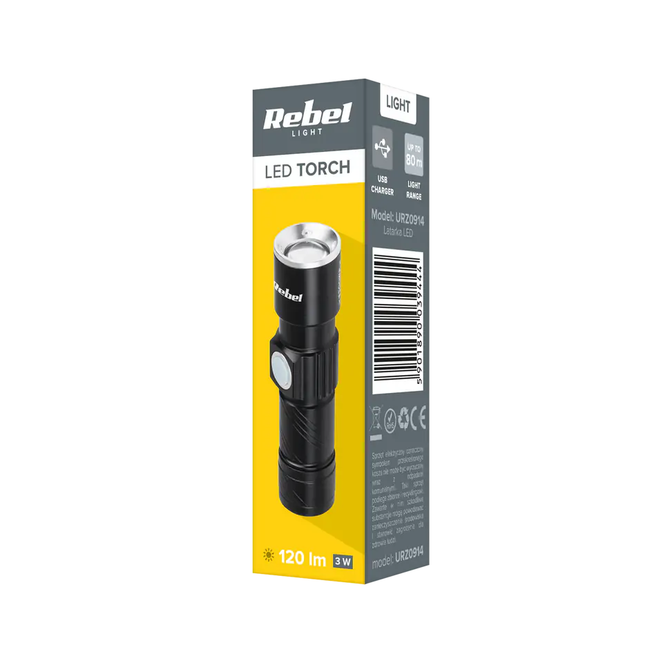 Latarka aluminiowa 3W Zoom, wtyk USB