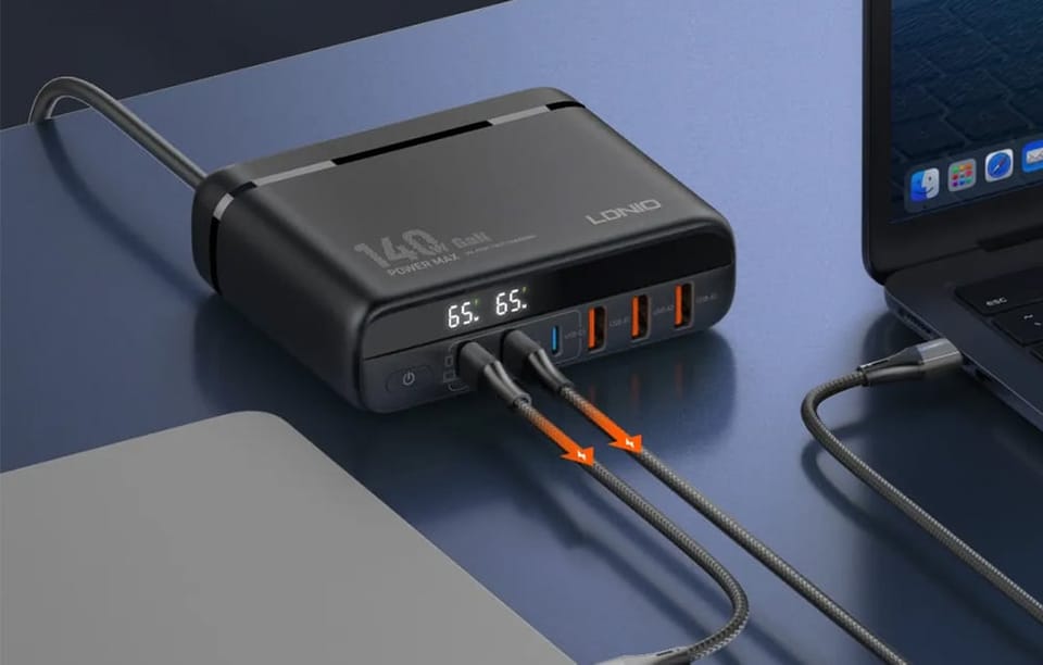 Ładowarka sieciowa z wyświetlaczem 140W LDNIO A6140C 3x USB-A + 3x USB-C, US/UK/EU (czarna)