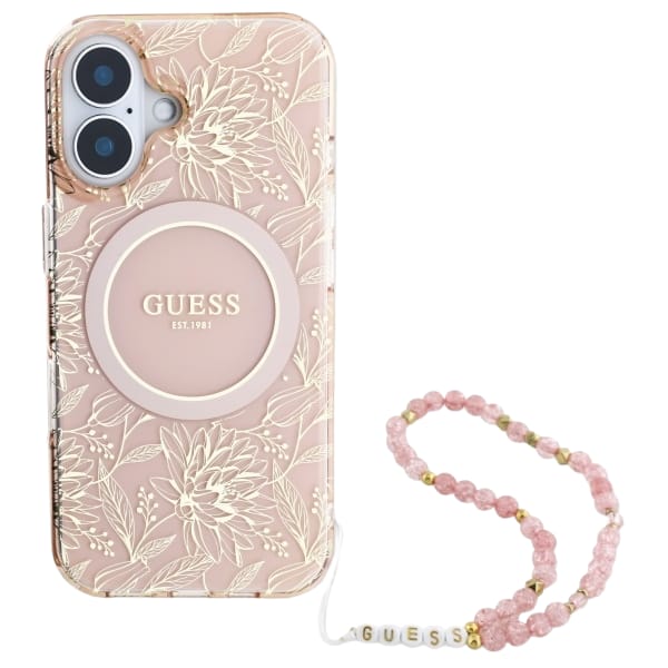 Guess GUHMP16MHCPOFPP iPhone 16 Plus 6.7" różowy/pink hardcase IML Flowers Allover Electro With Pearl Strap MagSafe