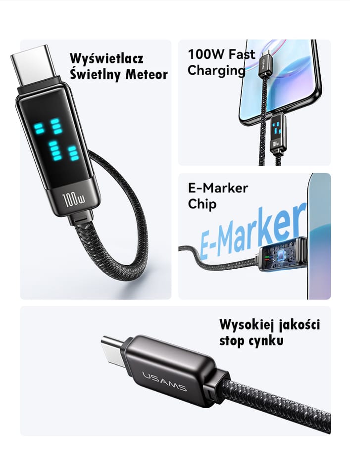 USAMS Kabel USB-C na USB-C 100W 1,2m      Zinc Alloy Fast Charging Data Cable Meteor Series SJ744USB01 (US-SJ744)