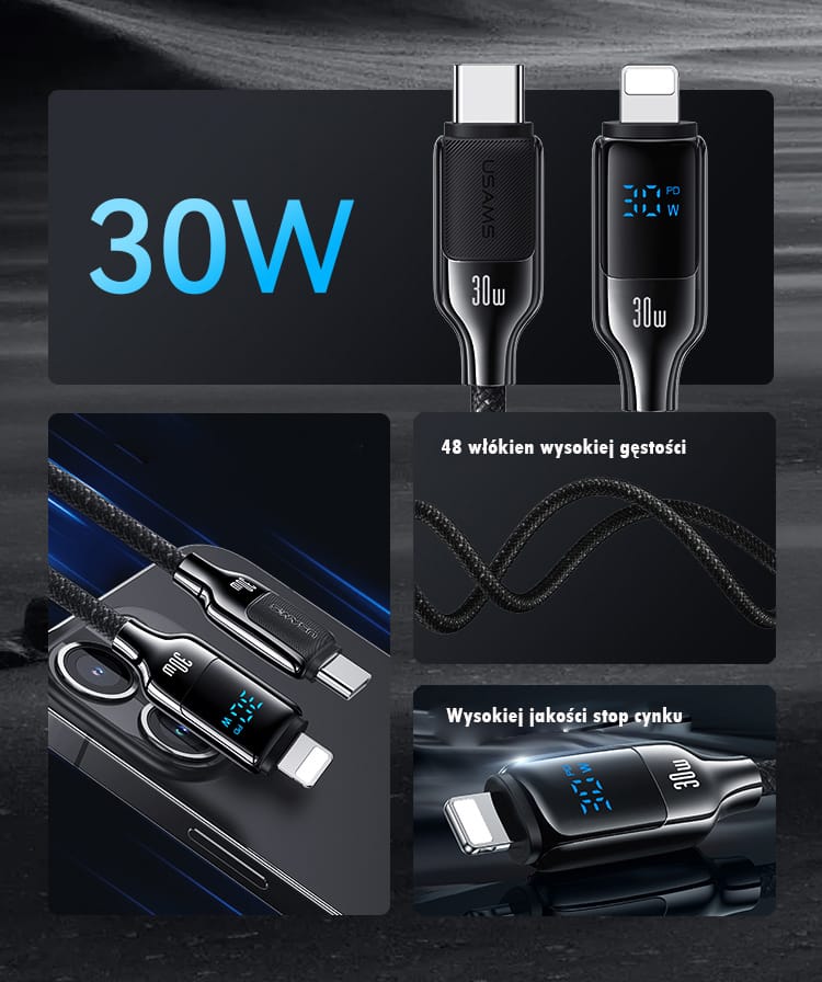 USAMS Kabel USB-C na Lightning 30W 1,2m  Digital Display Zinc Alloy Fast Charging Data Cable HX Series SJ741USB01 (US-SJ741)