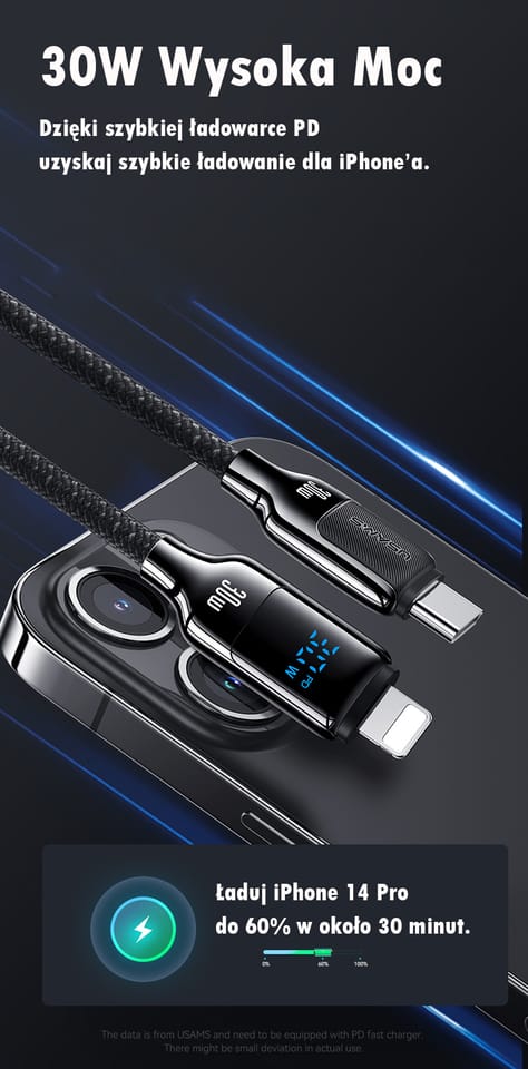 USAMS Kabel USB-C na Lightning 30W 1,2m  Digital Display Zinc Alloy Fast Charging Data Cable HX Series SJ741USB01 (US-SJ741)