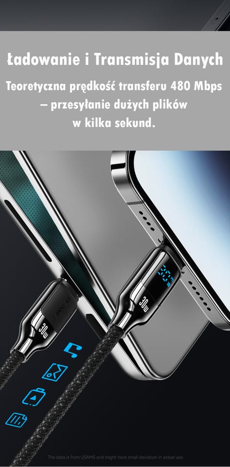 USAMS Kabel USB-C na Lightning 30W 1,2m  Digital Display Zinc Alloy Fast Charging Data Cable HX Series SJ741USB01 (US-SJ741)