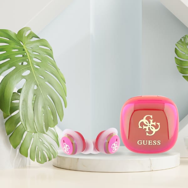 Guess słuchawki Bluetooth GUTWSJ144ESF    TWS + stacja dokująca fuksja/fuschia Iridescent 4G Printed Logo