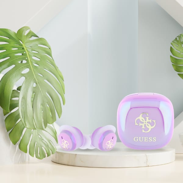 Guess słuchawki Bluetooth GUTWSJ144ESU    TWS + stacja dokująca fioletowy/purple Iridescent 4G Printed Logo