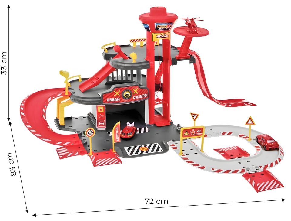 Garaż samochodowy straż pożarna 3 poziomy z windą autka + helikopter 74 elementy