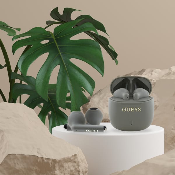 Guess słuchawki Bluetooth GUTWSJ14ESGE   TWS + stacja dokująca taupe Printed Classic Logo