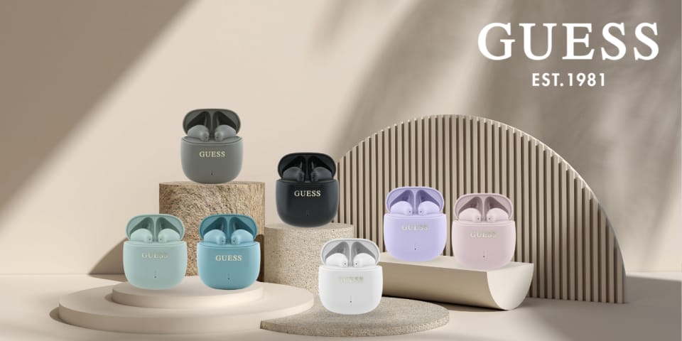 Guess słuchawki Bluetooth GUTWSJ14ESGE   TWS + stacja dokująca taupe Printed Classic Logo