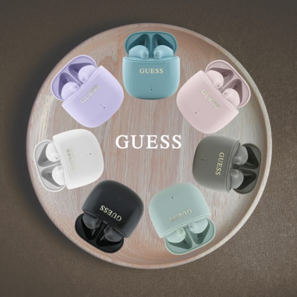 Guess słuchawki Bluetooth GUTWSJ14ESGE   TWS + stacja dokująca taupe Printed Classic Logo