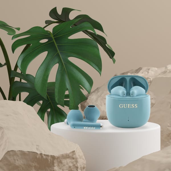Guess słuchawki Bluetooth GUTWSJ14ESGQ    TWS + stacja dokująca turkusowy/turquoise Printed Classic Logo