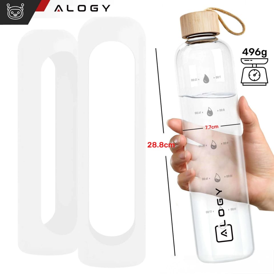 Butelka szklana duża bidon na napoje do picia Alogy Miarka motywacyjna 1l 1000ml etui silikonowe Biała