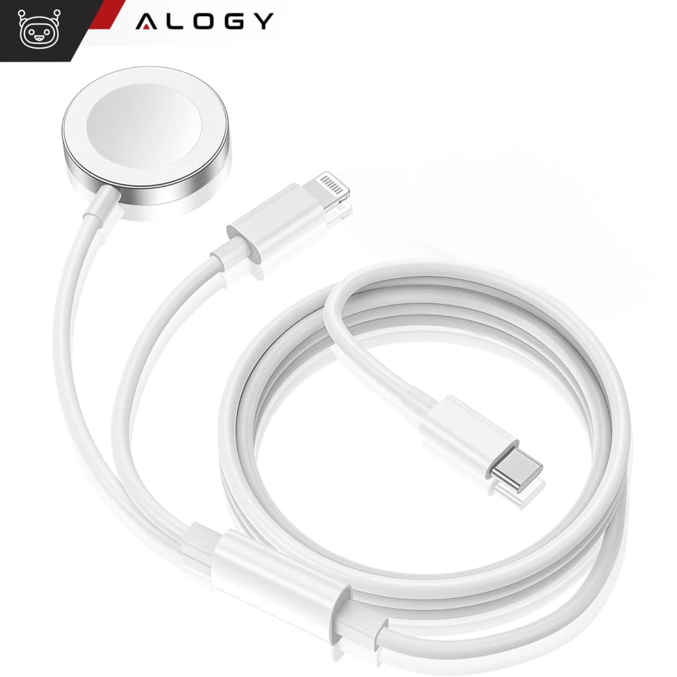 Kabel ładowarka indukcyjna magnetyczna 2w1 do Apple Watch, iPhone przewód 1M Lightning USB-C Alogy Biały