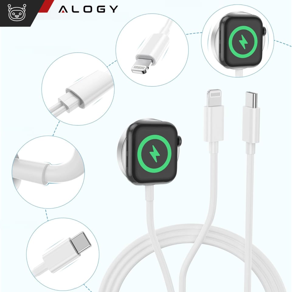 Kabel ładowarka indukcyjna magnetyczna 2w1 do Apple Watch, iPhone przewód 1M Lightning USB-C Alogy Biały